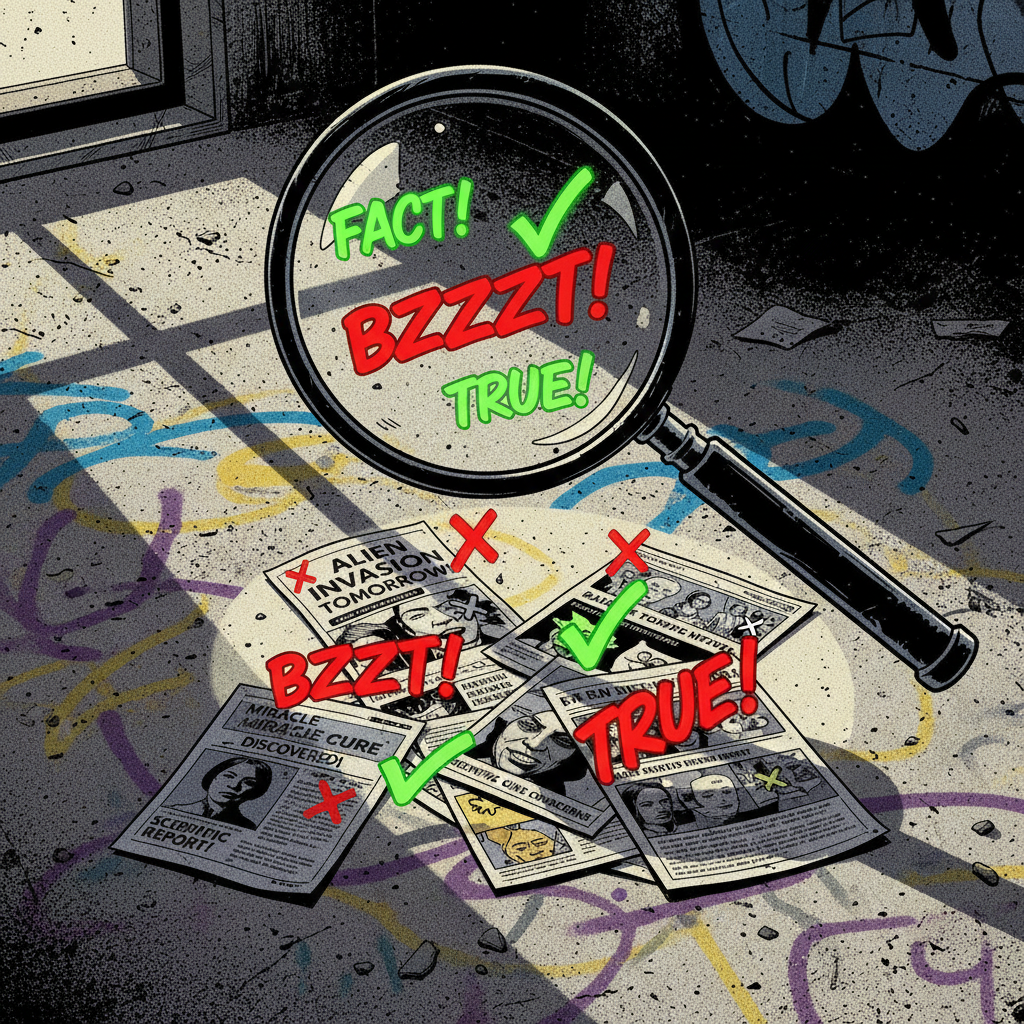 A rugged, oversized magnifying glass with a chipped black metal rim hovers over a collage of internet screenshots, sensational thumbnails, and printed clickbait titles spread across a graffiti-stained concrete floor. Wherever the lens passes, exaggerated red X marks and bright green checkmarks appear, slashing through false claims and highlighting verified facts in crisp comicbook lettering. Harsh sidelight from an unseen window rakes across the floor, casting long, dramatic shadows from the magnifying glass and scattered paper edges. A shallow depth of field keeps the focus on the glowing symbols beneath the glass, with peripheral images fading into halftone blur. The composition is slightly tilted for a dynamic, rebellious feel. The atmosphere is bold and confrontational, rendered in a gritty, high-contrast comicbook style with splashes of neon color against muted backgrounds.